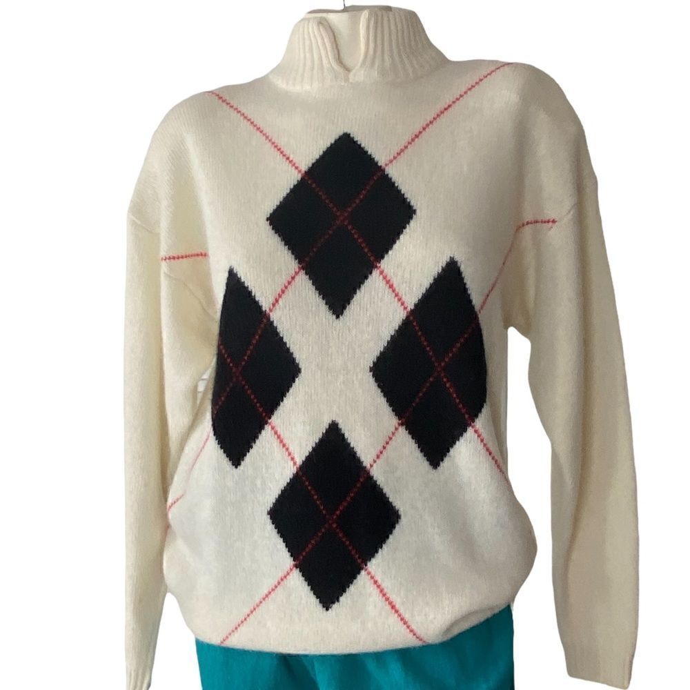 Vintage Women's Argyle Lambswool Blend Split High Neck Sweater Cream Large